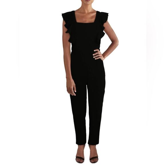 AQUA Cap Sleeve Square Neck Straight Leg Jumpsuit Black Women’s Sz M - Picture 1 of 6